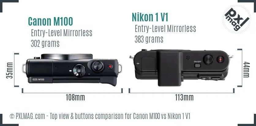 Canon M100 vs Nikon 1 V1 top view buttons comparison
