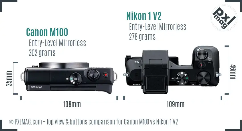 Canon M100 vs Nikon 1 V2 top view buttons comparison