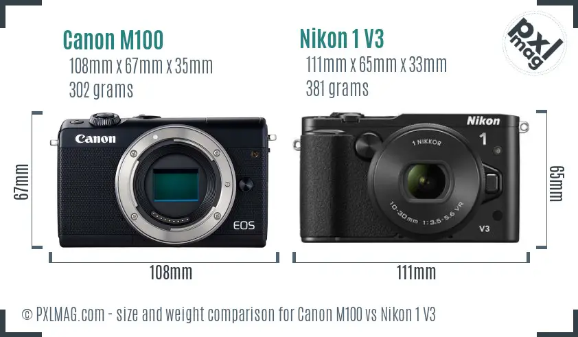 Canon M100 vs Nikon 1 V3 size comparison