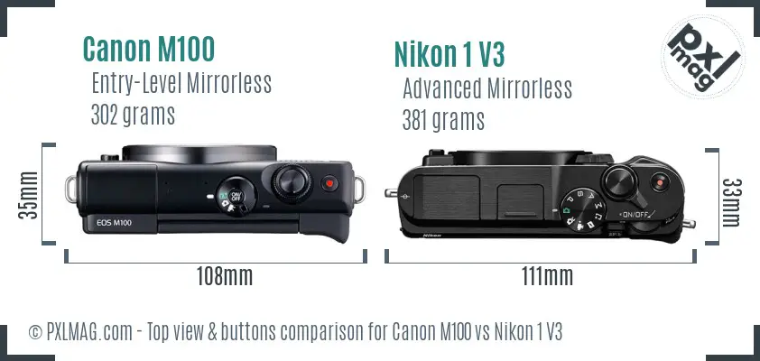 Canon M100 vs Nikon 1 V3 top view buttons comparison