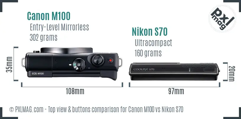 Canon M100 vs Nikon S70 top view buttons comparison