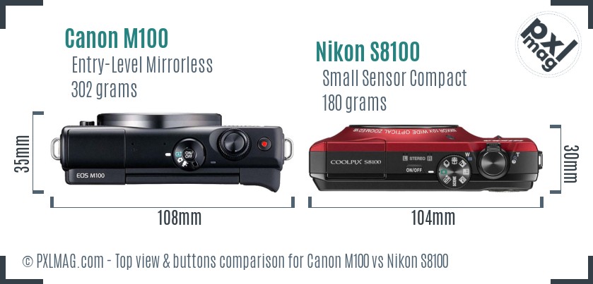 Canon M100 vs Nikon S8100 top view buttons comparison