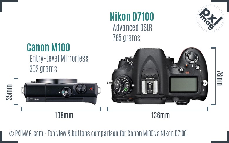 Canon M100 vs Nikon D7100 top view buttons comparison