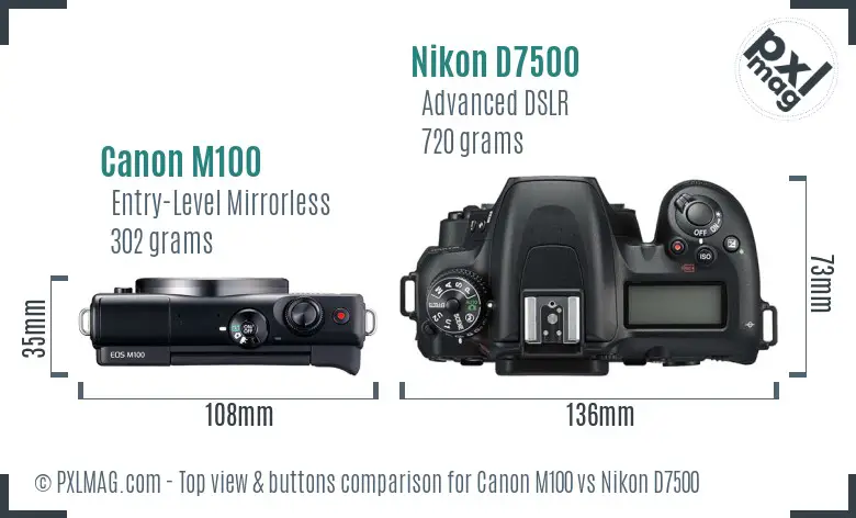 Canon M100 vs Nikon D7500 top view buttons comparison Canon M100 vs Nikon D7500 top view buttons comparison