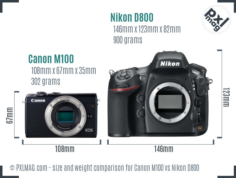 Canon M100 vs Nikon D800 size comparison