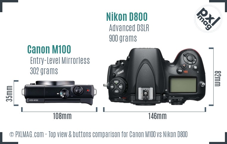 Canon M100 vs Nikon D800 top view buttons comparison