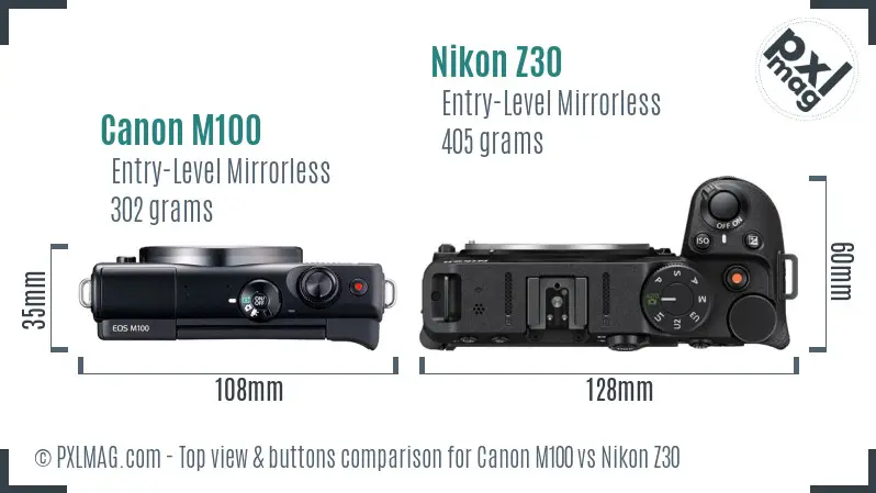 Canon M100 vs Nikon Z30 top view buttons comparison Canon M100 vs Nikon Z30 top view buttons comparison