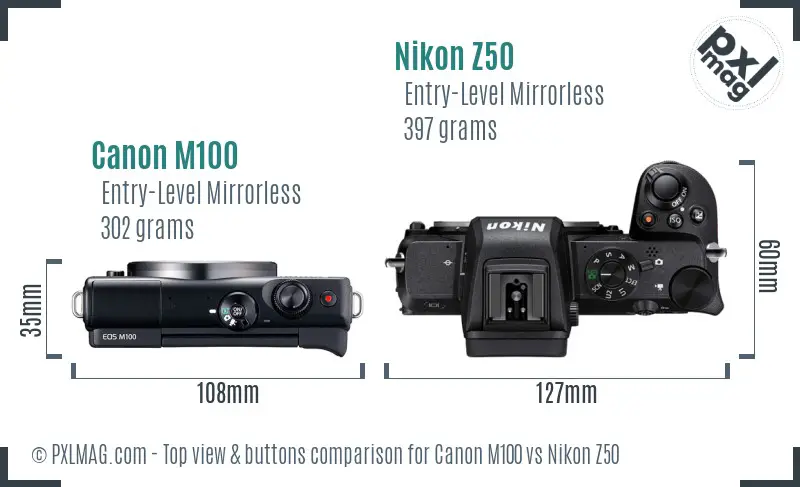 Canon M100 vs Nikon Z50 top view buttons comparison