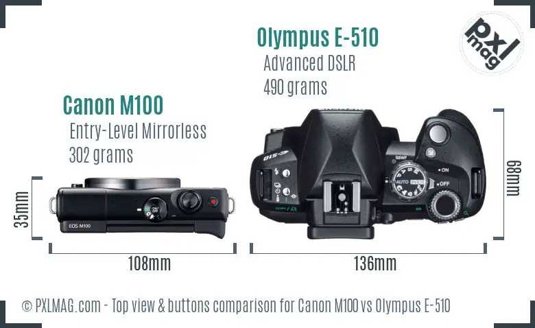 Canon M100 vs Olympus E-510 top view buttons comparison