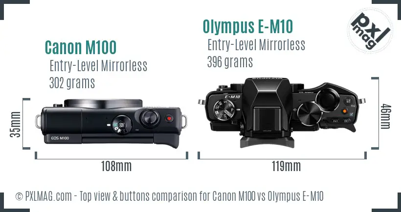 Canon M100 vs Olympus E-M10 top view buttons comparison