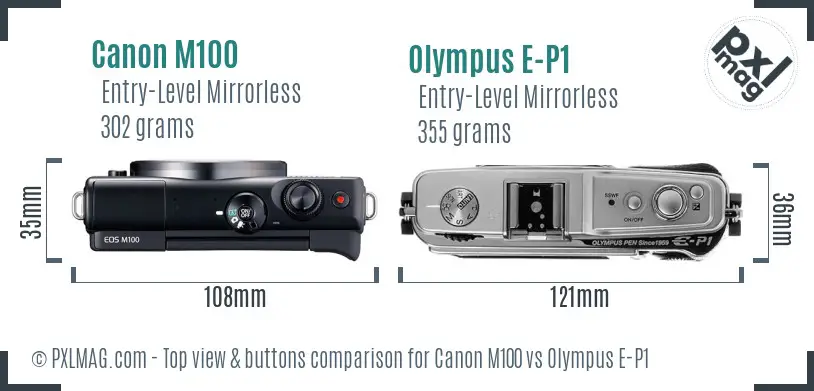 Canon M100 vs Olympus E-P1 top view buttons comparison