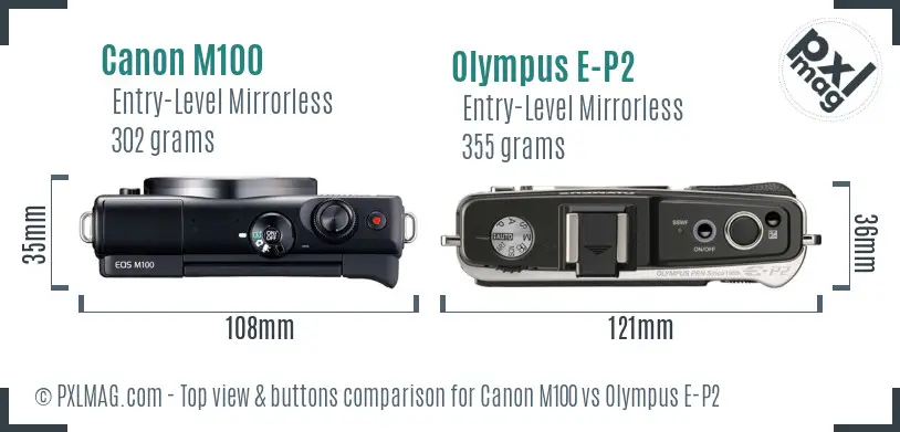 Canon M100 vs Olympus E-P2 top view buttons comparison
