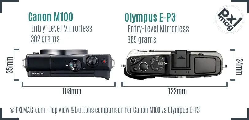 Canon M100 vs Olympus E-P3 top view buttons comparison