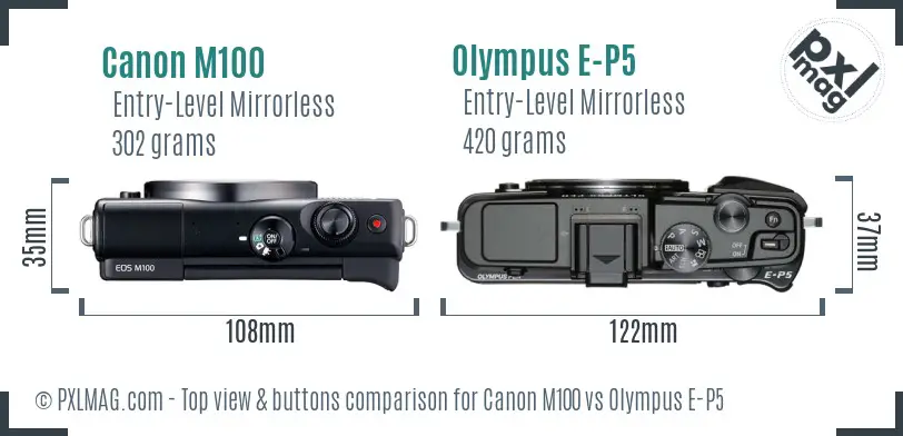 Canon M100 vs Olympus E-P5 top view buttons comparison