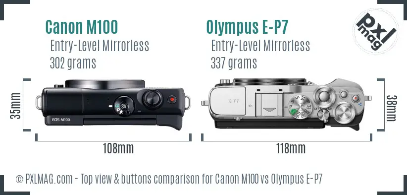 Canon M100 vs Olympus E-P7 top view buttons comparison