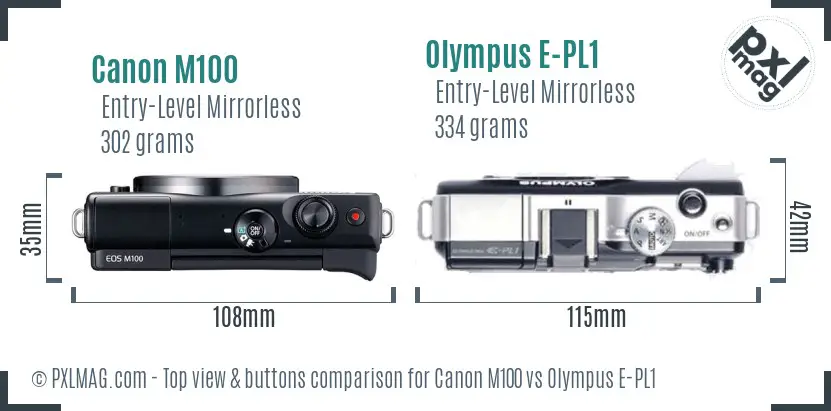 Canon M100 vs Olympus E-PL1 top view buttons comparison