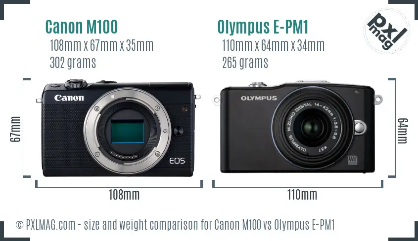 Canon M100 vs Olympus E-PM1 size comparison