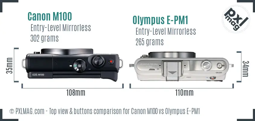 Canon M100 vs Olympus E-PM1 top view buttons comparison