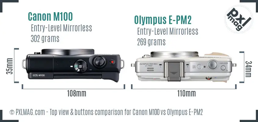 Canon M100 vs Olympus E-PM2 top view buttons comparison