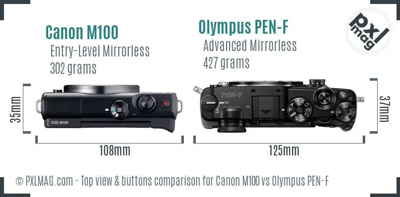 Canon M100 vs Olympus PEN-F top view buttons comparison