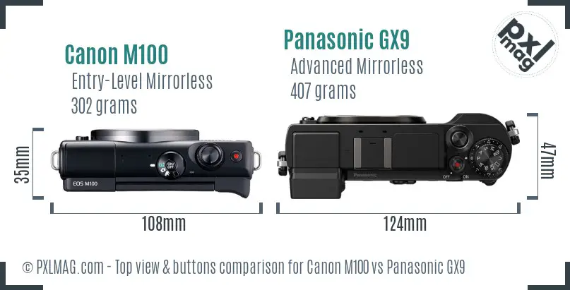 Canon M100 vs Panasonic GX9 top view buttons comparison
