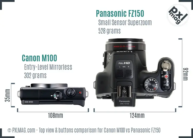 Canon M100 vs Panasonic FZ150 top view buttons comparison
