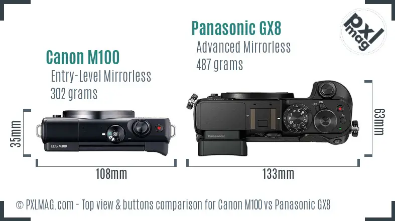 Canon M100 vs Panasonic GX8 top view buttons comparison Canon M100 vs Panasonic GX8 top view buttons comparison