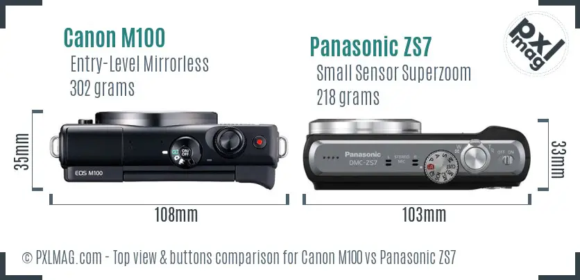 Canon M100 vs Panasonic ZS7 top view buttons comparison
