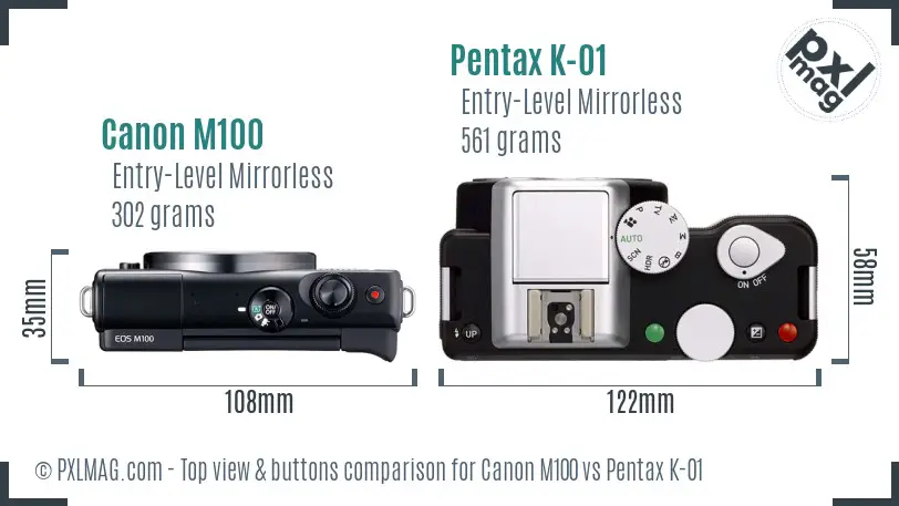 Canon M100 vs Pentax K-01 top view buttons comparison