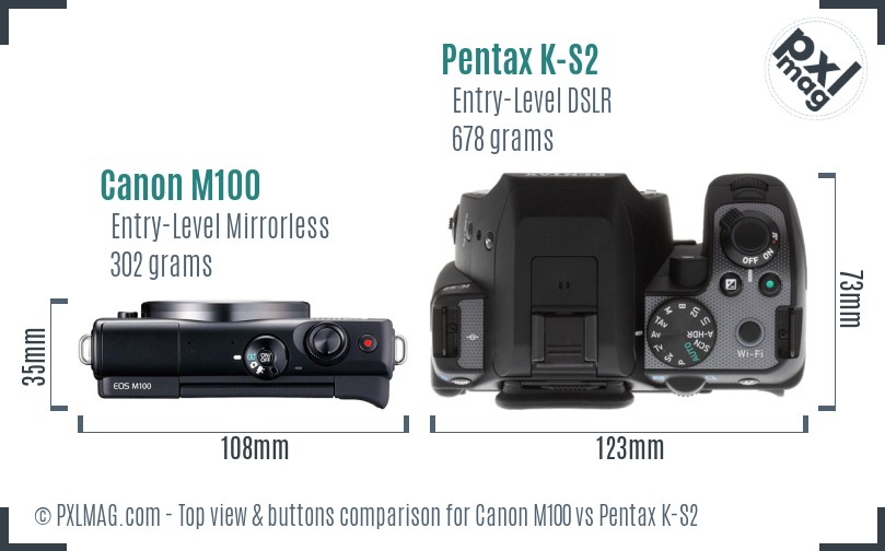 Canon M100 vs Pentax K-S2 top view buttons comparison