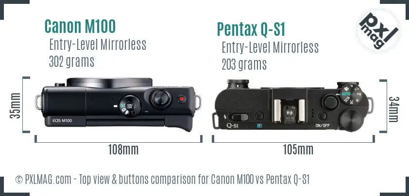 Canon M100 vs Pentax Q-S1 top view buttons comparison