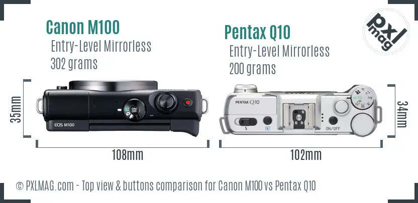 Canon M100 vs Pentax Q10 top view buttons comparison