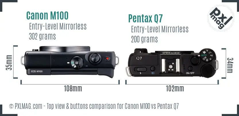 Canon M100 vs Pentax Q7 top view buttons comparison