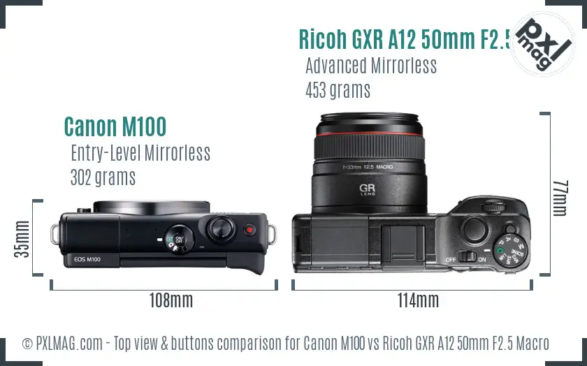 Canon M100 vs Ricoh GXR A12 50mm F2.5 Macro top view buttons comparison