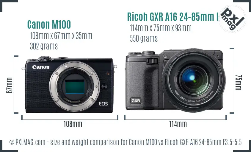 Canon M100 vs Ricoh GXR A16 24-85mm F3.5-5.5 size comparison Canon M100 vs Ricoh GXR A16 24-85mm F3.5-5.5 size comparison