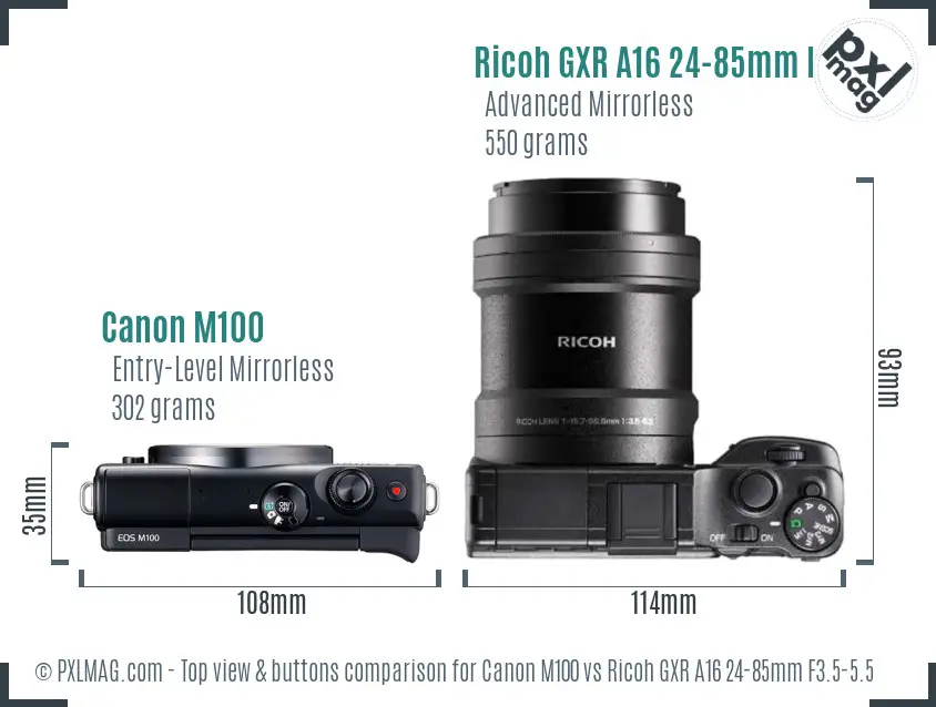 Canon M100 vs Ricoh GXR A16 24-85mm F3.5-5.5 top view buttons comparison Canon M100 vs Ricoh GXR A16 24-85mm F3.5-5.5 top view buttons comparison