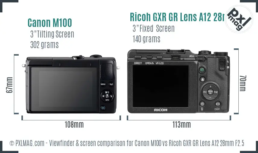 Canon M100 vs Ricoh GXR GR Lens A12 28mm F2.5 Screen and Viewfinder comparison