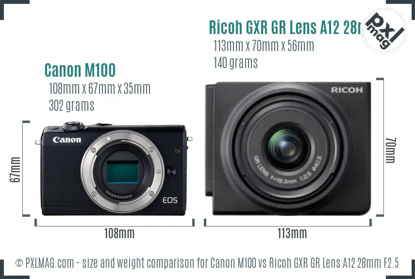Canon M100 vs Ricoh GXR GR Lens A12 28mm F2.5 size comparison