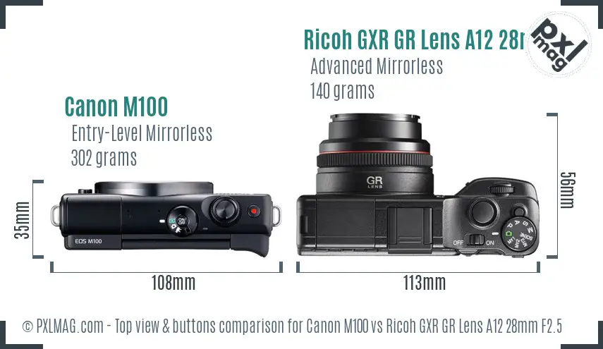 Canon M100 vs Ricoh GXR GR Lens A12 28mm F2.5 top view buttons comparison