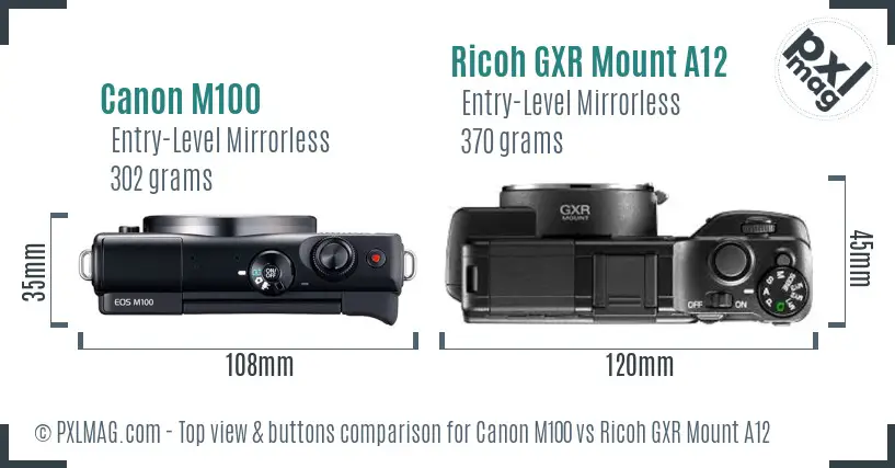 Canon M100 vs Ricoh GXR Mount A12 top view buttons comparison