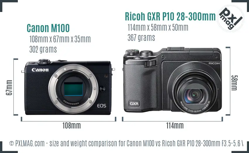 Canon M100 vs Ricoh GXR P10 28-300mm F3.5-5.6 VC size comparison Canon M100 vs Ricoh GXR P10 28-300mm F3.5-5.6 VC size comparison