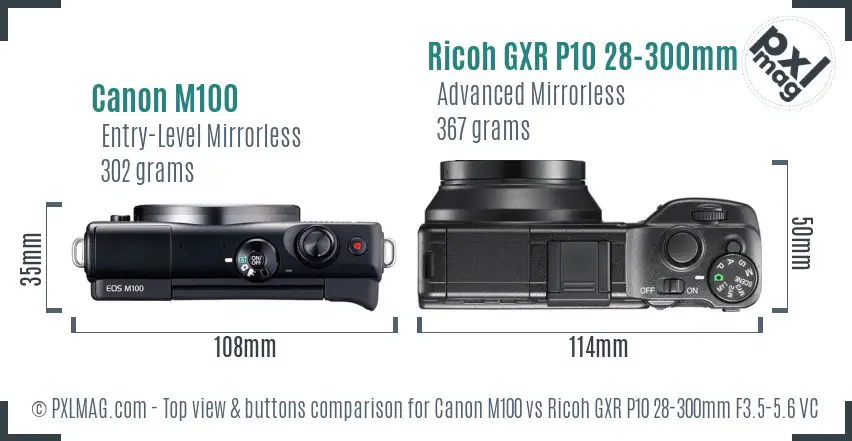 Canon M100 vs Ricoh GXR P10 28-300mm F3.5-5.6 VC top view buttons comparison Canon M100 vs Ricoh GXR P10 28-300mm F3.5-5.6 VC top view buttons comparison