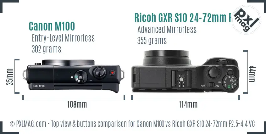 Canon M100 vs Ricoh GXR S10 24-72mm F2.5-4.4 VC top view buttons comparison