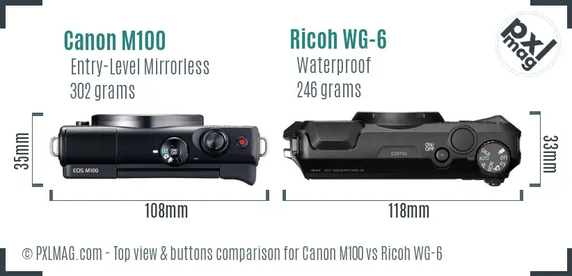 Canon M100 vs Ricoh WG-6 top view buttons comparison