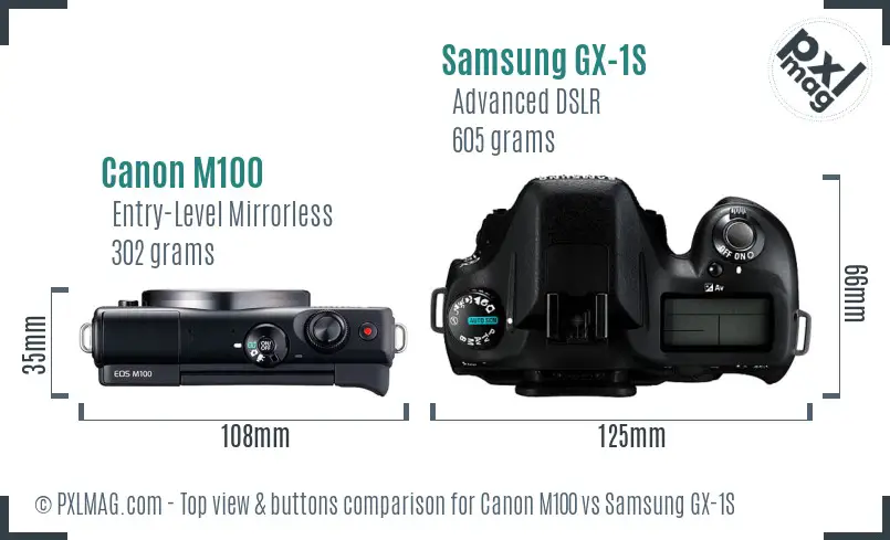Canon M100 vs Samsung GX-1S top view buttons comparison Canon M100 vs Samsung GX-1S top view buttons comparison