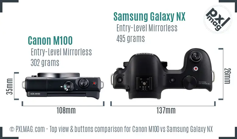 Canon M100 vs Samsung Galaxy NX top view buttons comparison