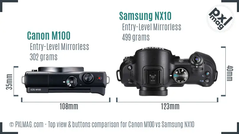 Canon M100 vs Samsung NX10 top view buttons comparison