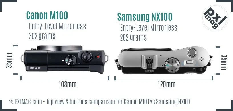 Canon M100 vs Samsung NX100 top view buttons comparison
