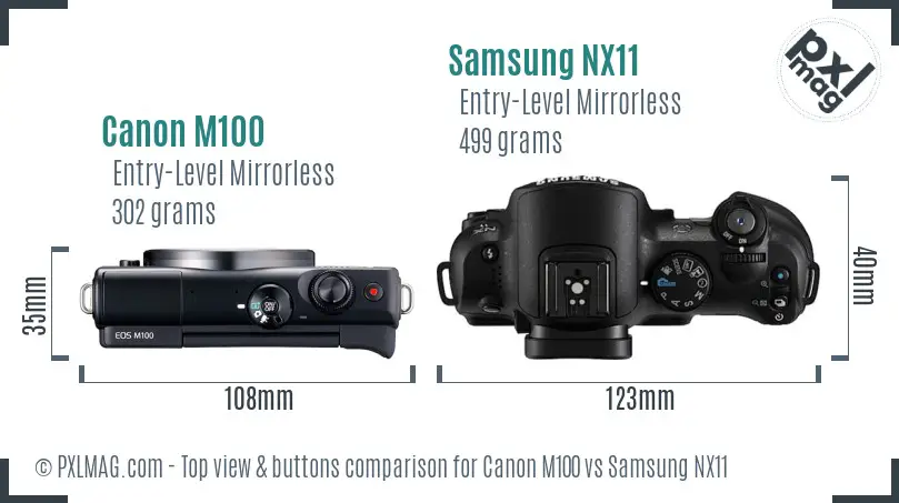 Canon M100 vs Samsung NX11 top view buttons comparison