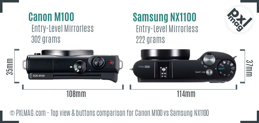 Canon M100 vs Samsung NX1100 top view buttons comparison